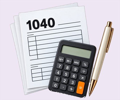 Tax return, calculator and pen